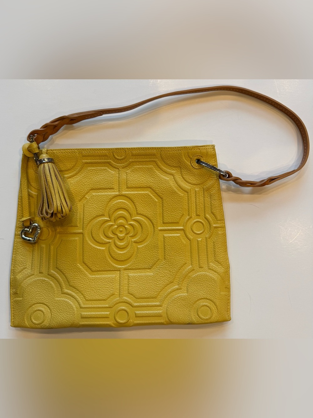 Brighton Yellow Embossed Pebbled Leather Piper Slim Shoulder Bag Purse Zip Close